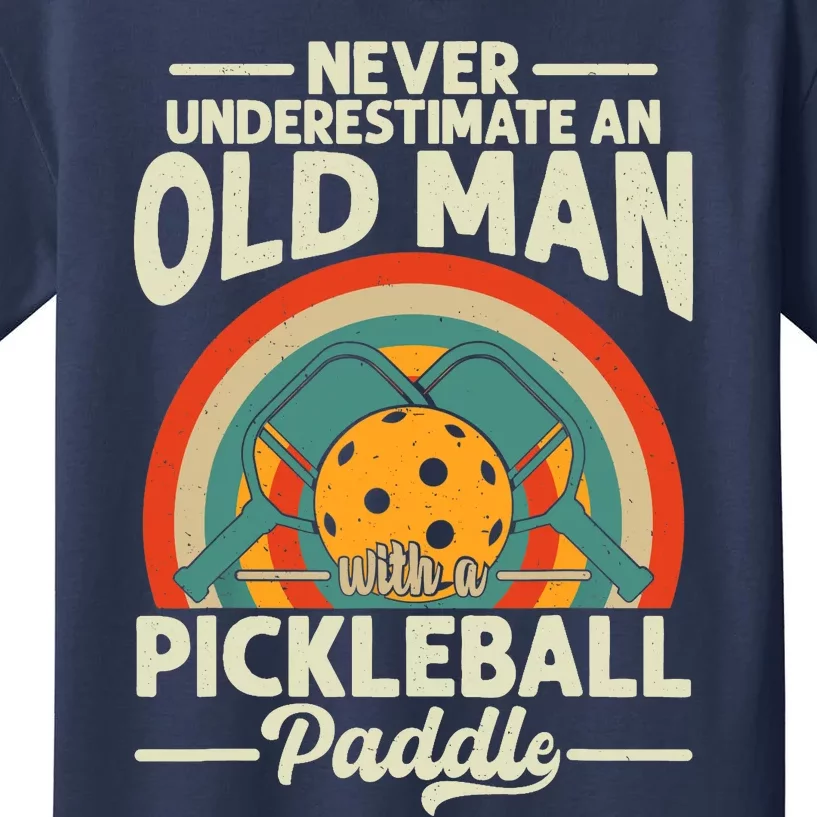 Never Underestimate An Old Man With Pickleball Paddle Player Kids T-Shirt