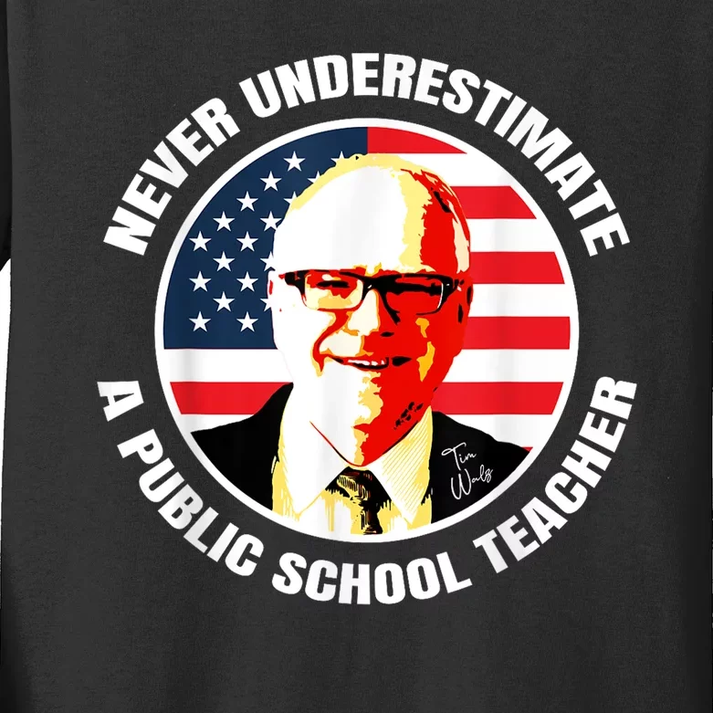 Never Underestimate A Publicschool Teacher Tim Walz Speech Kids Long Sleeve Shirt