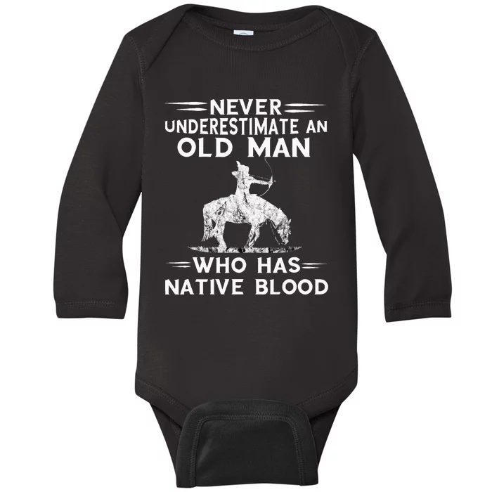 Never Underestimate An Old Man Native American Warrior Baby Long Sleeve Bodysuit