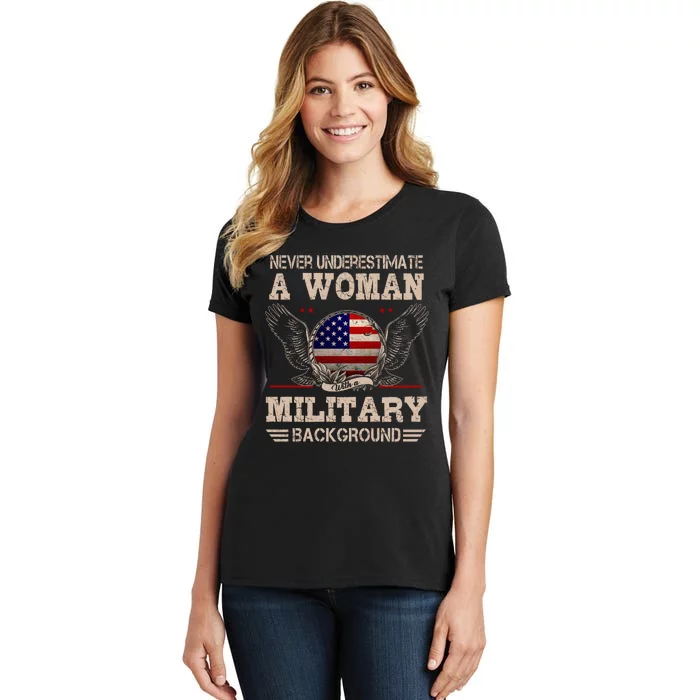 Never Underestimate A Woman With A Military Background Women's T-Shirt