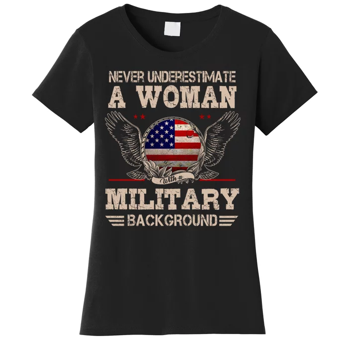 Never Underestimate A Woman With A Military Background Women's T-Shirt