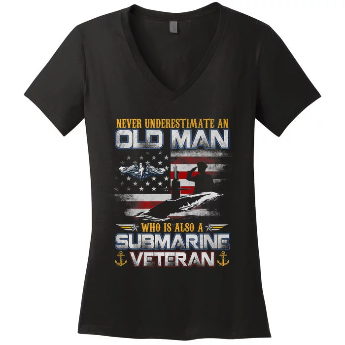 Never Underestimate An Old Man Submarines Veteran Flag Women's V-Neck T-Shirt