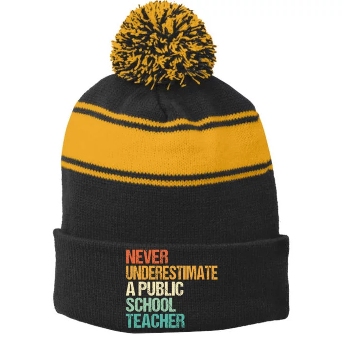 Never Underestimate A Public School Teacher Harris Walz 2024 Stripe Pom Pom Beanie