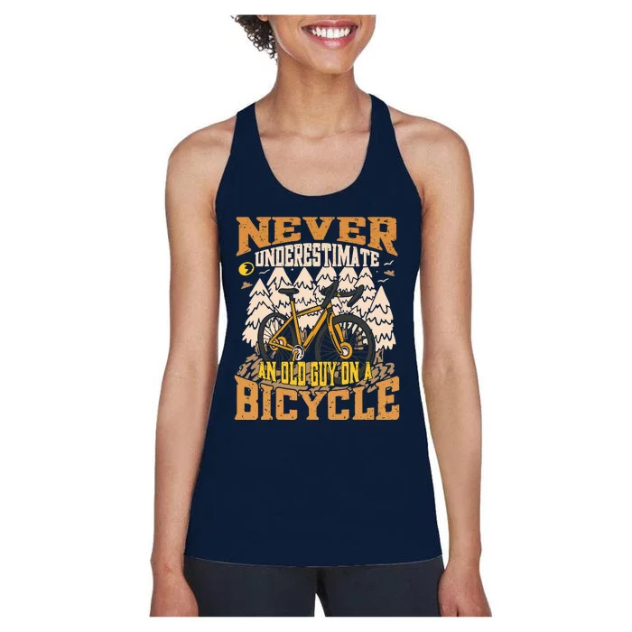 Never Underestimate An Old Guy On A Bicycle Funny Cycling Women's Racerback Tank