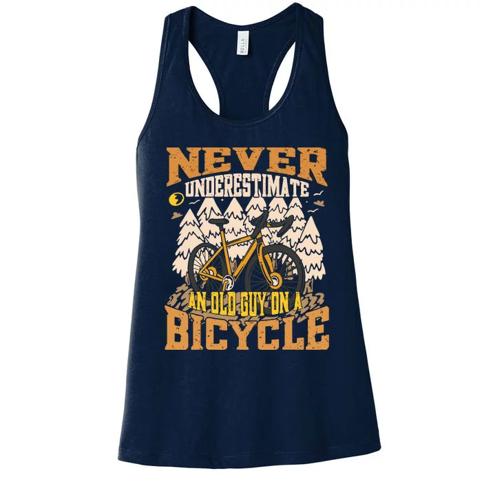 Never Underestimate An Old Guy On A Bicycle Funny Cycling Women's Racerback Tank