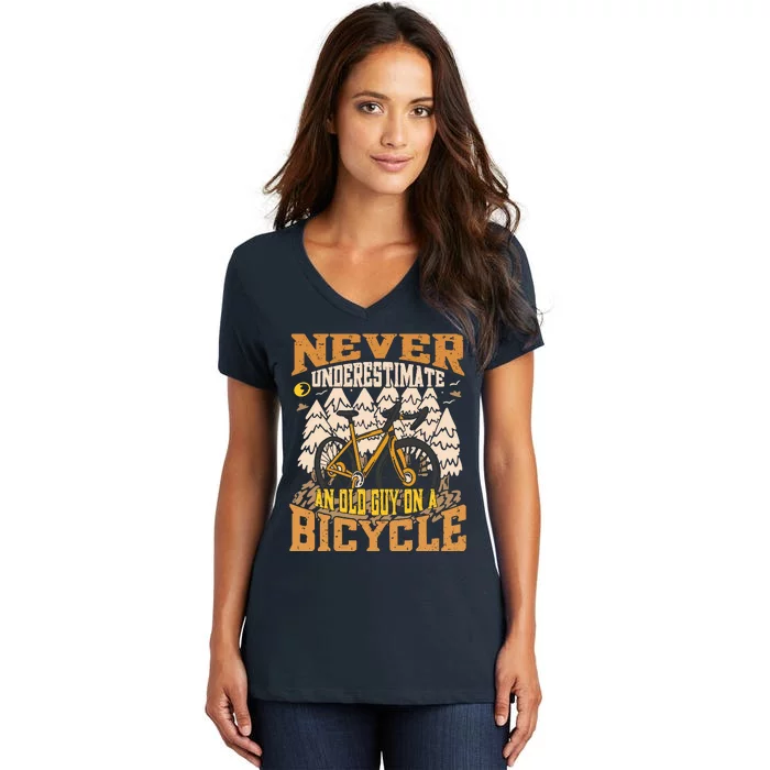 Never Underestimate An Old Guy On A Bicycle Funny Cycling Women's V-Neck T-Shirt