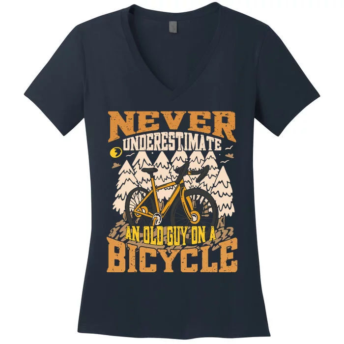 Never Underestimate An Old Guy On A Bicycle Funny Cycling Women's V-Neck T-Shirt