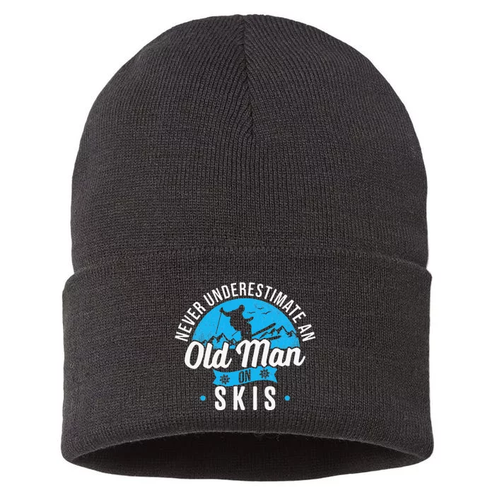 Never Underestimate An Old Man On Skis vintage Sustainable Knit Beanie