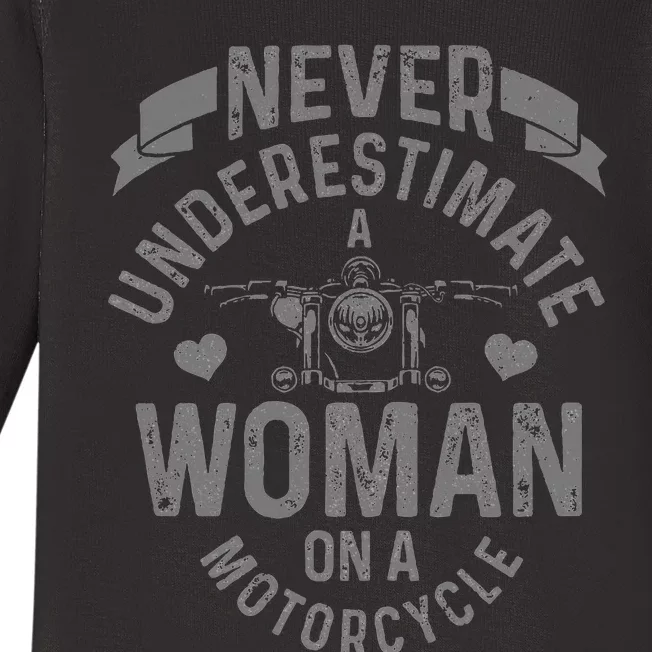 Never Underestimate A Woman Motorcycle Funny Biker Girl Baby Long Sleeve Bodysuit