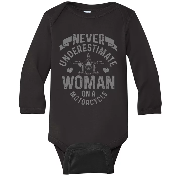 Never Underestimate A Woman Motorcycle Funny Biker Girl Baby Long Sleeve Bodysuit