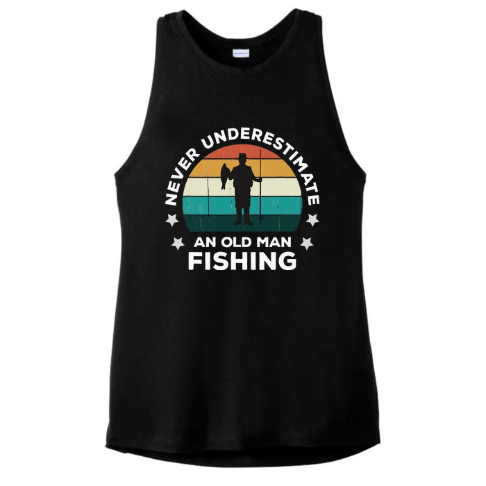 Never Underestimate An Old Man Fishing Fun Catching Fish Ladies Tri-Blend Wicking Tank