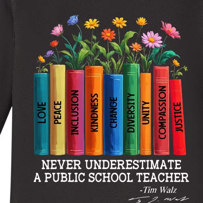 Never Underestimate A Public School Teacher Floral Books Baby Long Sleeve Bodysuit