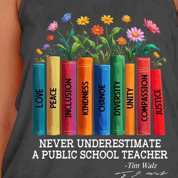 Never Underestimate A Public School Teacher Floral Books Women's Knotted Racerback Tank