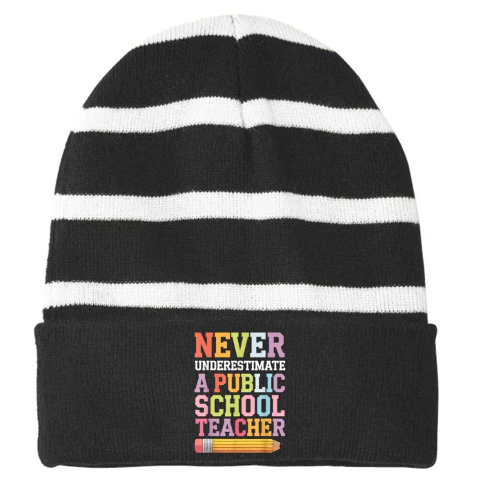 Never Underestimate A Public School Teacher Harris Walz 2024 Striped Beanie with Solid Band