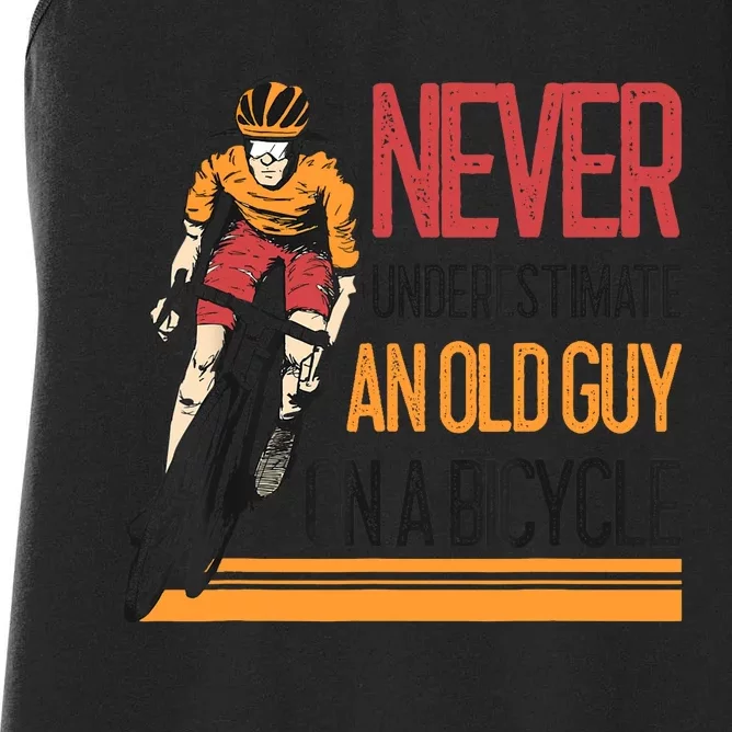 Never Underestimate An Old Guy On A Bicycle Funny Cycling Women's Racerback Tank