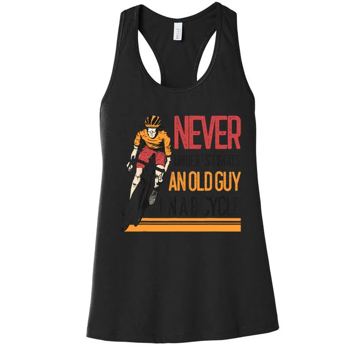 Never Underestimate An Old Guy On A Bicycle Funny Cycling Women's Racerback Tank