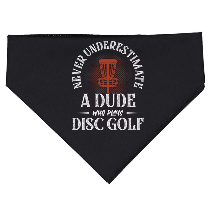 Never Underestimate A Dude Who Plays Disc Golf Frisbee Great Gift USA-Made Doggie Bandana