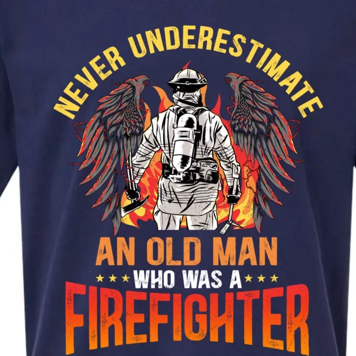 Never Underestimate An Old Who Was A Firefighter Retired Gift Sueded Cloud Jersey T-Shirt