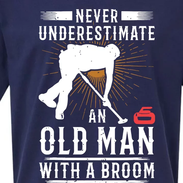 Never Underestimate An Old Man With A Broom Curling Gift Sueded Cloud Jersey T-Shirt