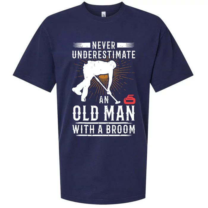 Never Underestimate An Old Man With A Broom Curling Gift Sueded Cloud Jersey T-Shirt