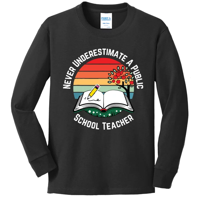 Never Underestimate A Public School Teacher Retro Vintage Kids Long Sleeve Shirt