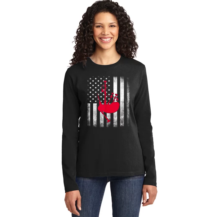 National US Flag American Bagpipe Vintage Highland Pipes Ladies Long Sleeve Shirt