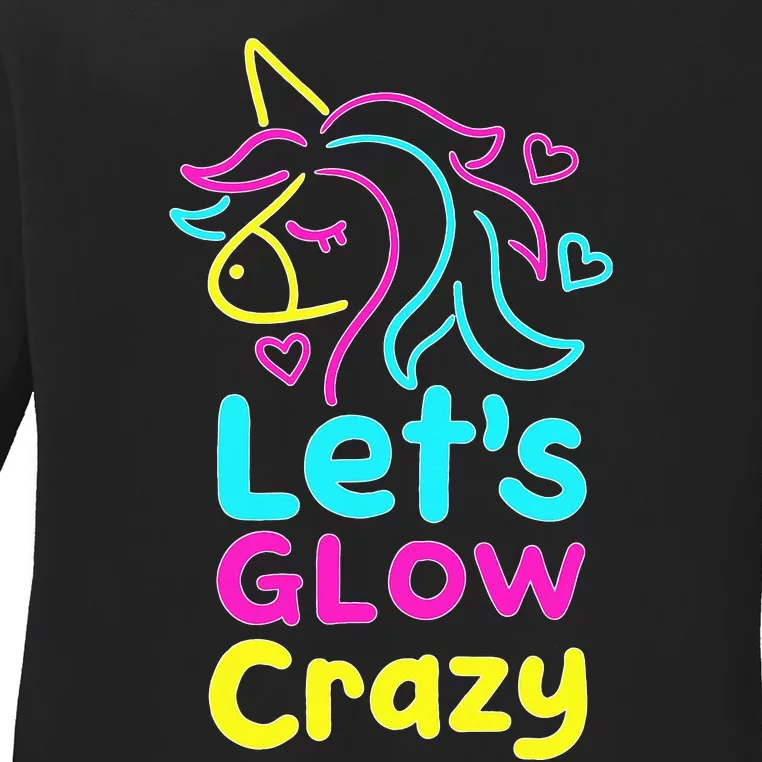 Neon Unicorn Let's Glow Crazy Retro 80s Group Party Squad Ladies Long Sleeve Shirt