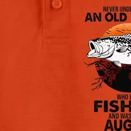 Never Underestimate Old Woman Loves Fishing Born In August Dry Zone Grid Performance Polo