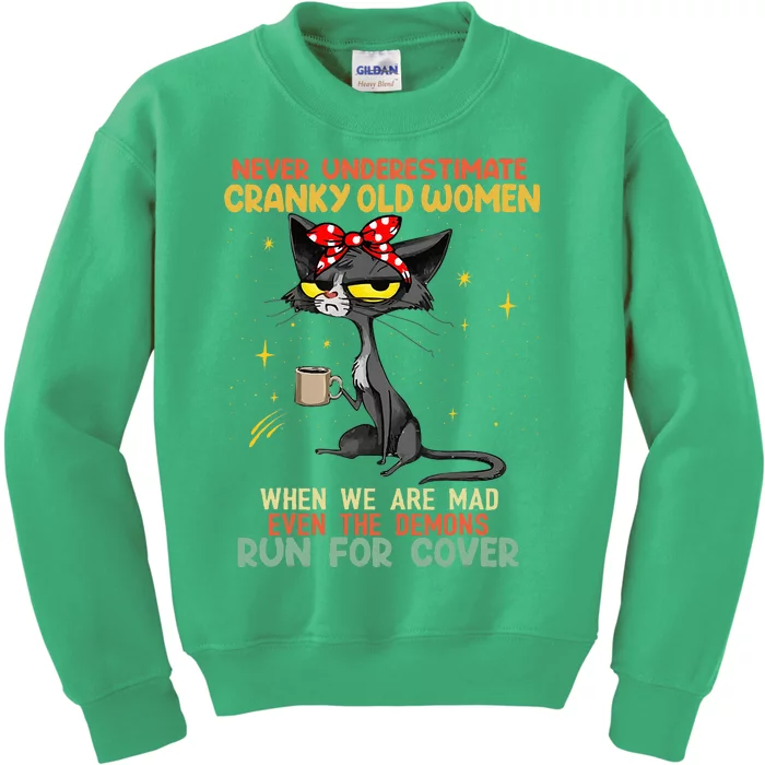 Never Underestimate Old Cranky Women Funny Cat Kids Sweatshirt