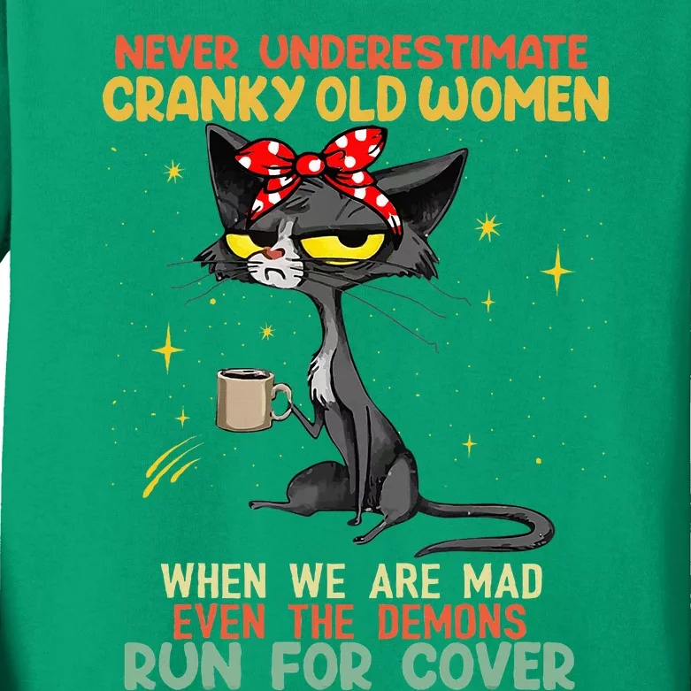 Never Underestimate Old Cranky Women Funny Cat Kids Long Sleeve Shirt