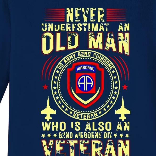 Never Underestimate Old Man 82nd Airborne Div Veteran Flag Baby Long Sleeve Bodysuit