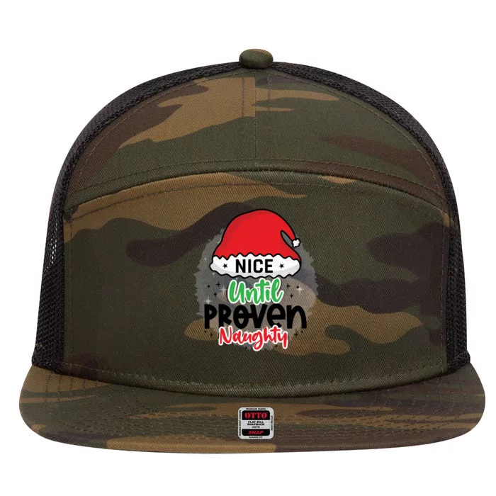 Nice Until Proven Naughty Funny Holiday Christmas Gift 7 Panel Mesh Trucker Snapback Hat