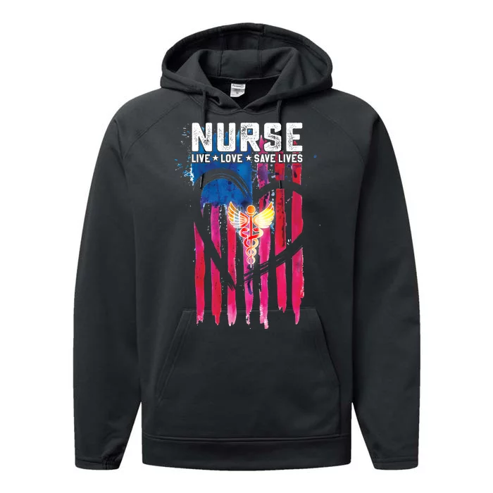 Nurse Live Love Save Lives Flag Performance Fleece Hoodie