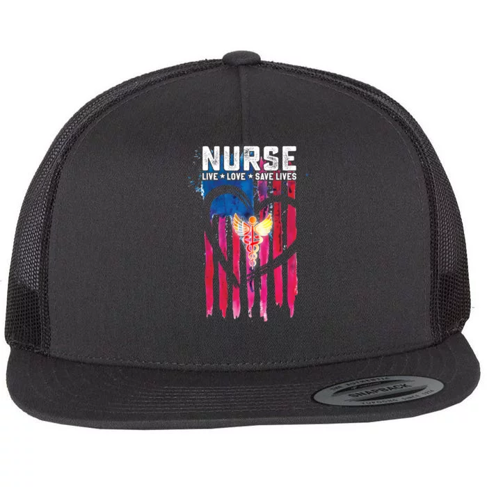 Nurse Live Love Save Lives Flag Flat Bill Trucker Hat