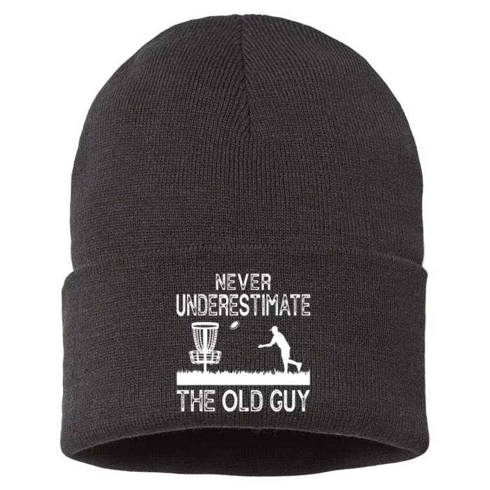 Never Underestimate The Old Guy Funny Disc Golf Frisbee Sustainable Knit Beanie