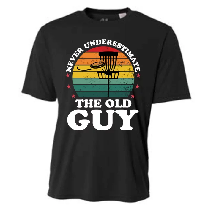 Never Underestimate The Old Guy Funny Disc Golf Frisbee Gift Cooling Performance Crew T-Shirt