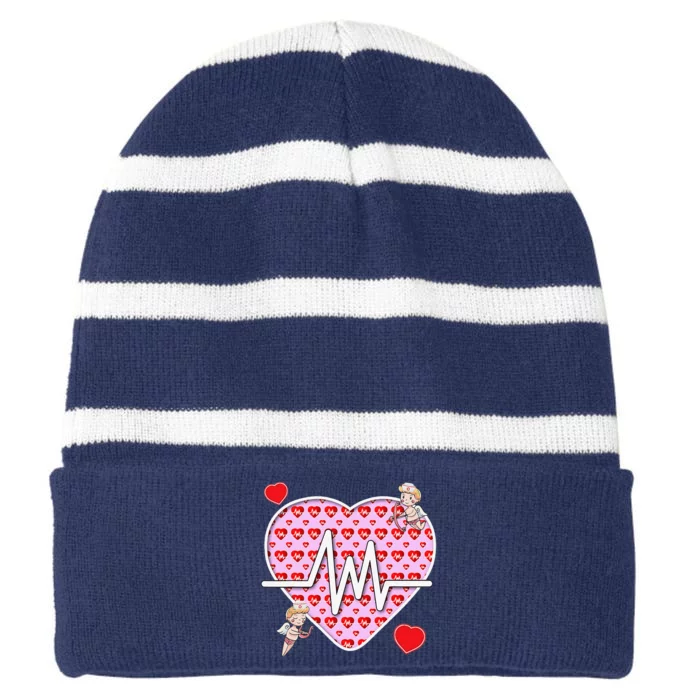 Nurses Valentine's Day Love, Hearts & Cupids Pulse Heart Striped Beanie with Solid Band