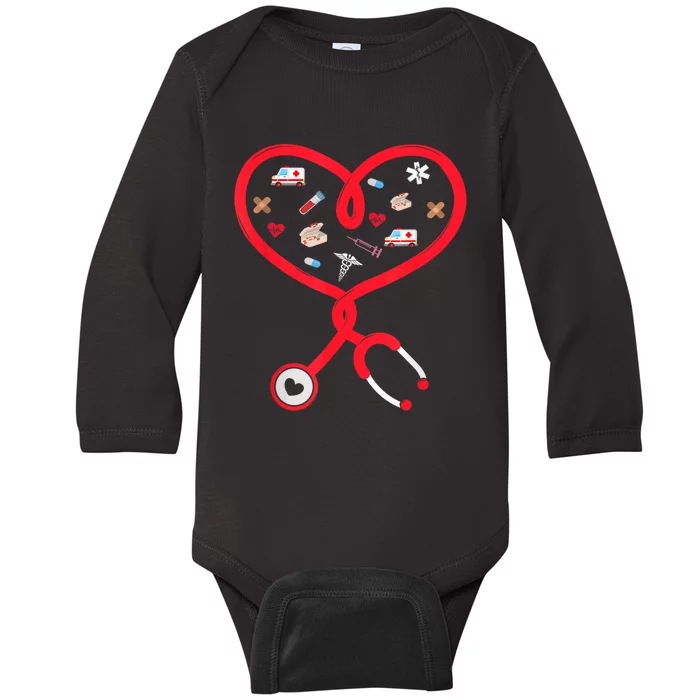 Nurse Valentines Day Nursing Health Worker Stethoscope Love Baby Long Sleeve Bodysuit