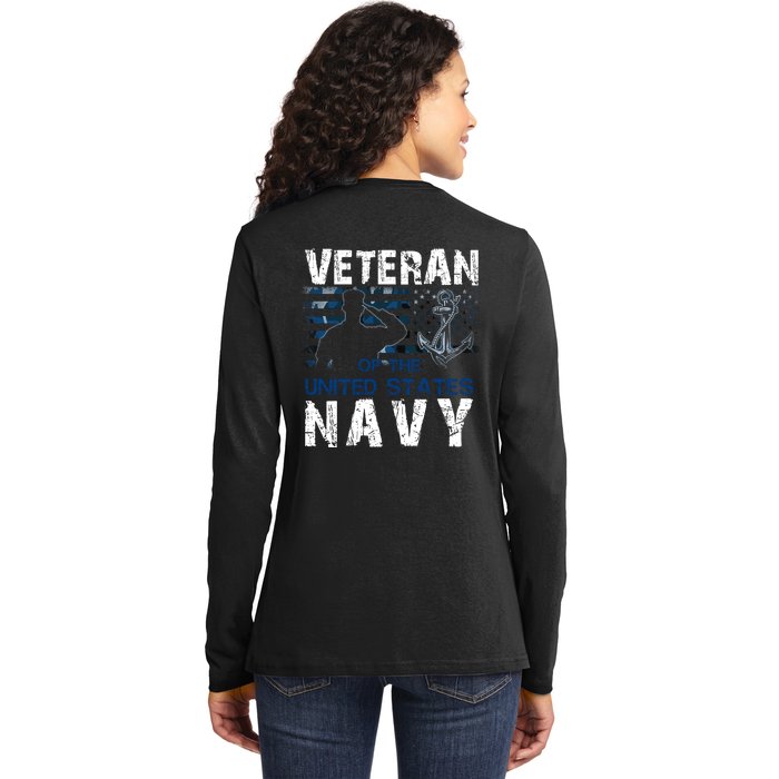 Na Vy Veteran US Flag Vintage Patriotic America Gift Back Print Ladies Long Sleeve Shirt