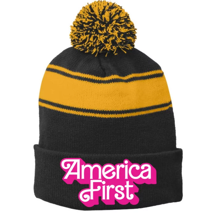 Natalie Winters America First Stripe Pom Pom Beanie