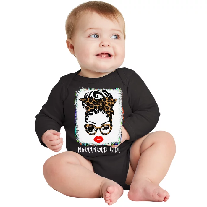 November Woman Face Wink Eyes Lady Face Birthday Baby Long Sleeve Bodysuit