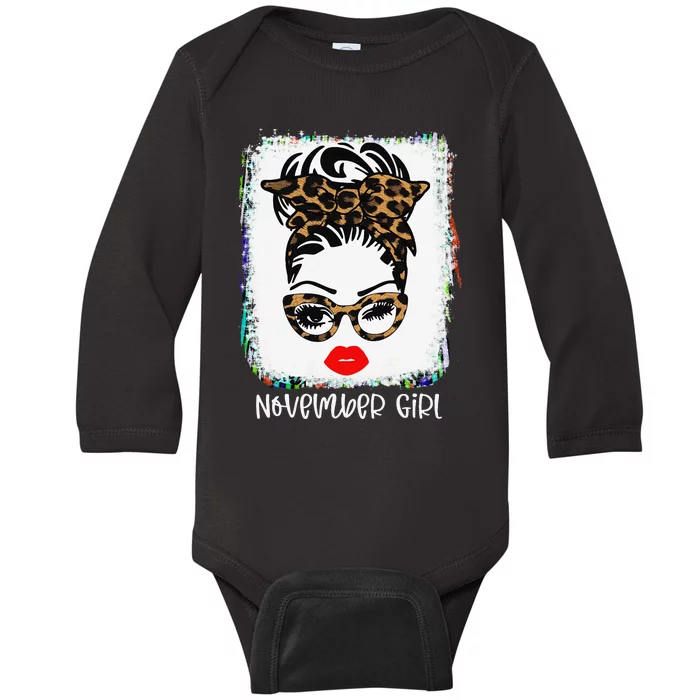 November Woman Face Wink Eyes Lady Face Birthday Baby Long Sleeve Bodysuit