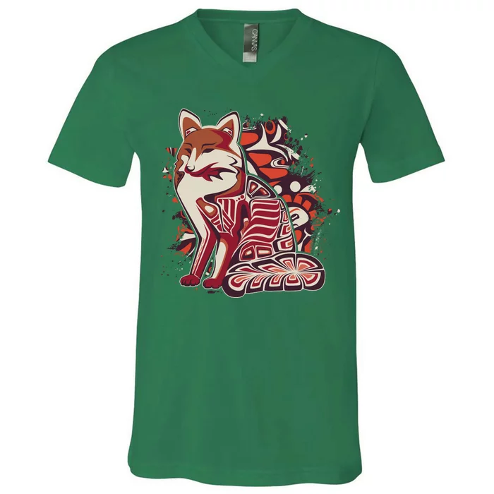 North West Native American Fox Pattern V-Neck T-Shirt