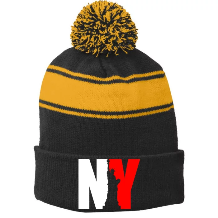 NY - New York Statue Of Liberty Die Cut Stripe Pom Pom Beanie