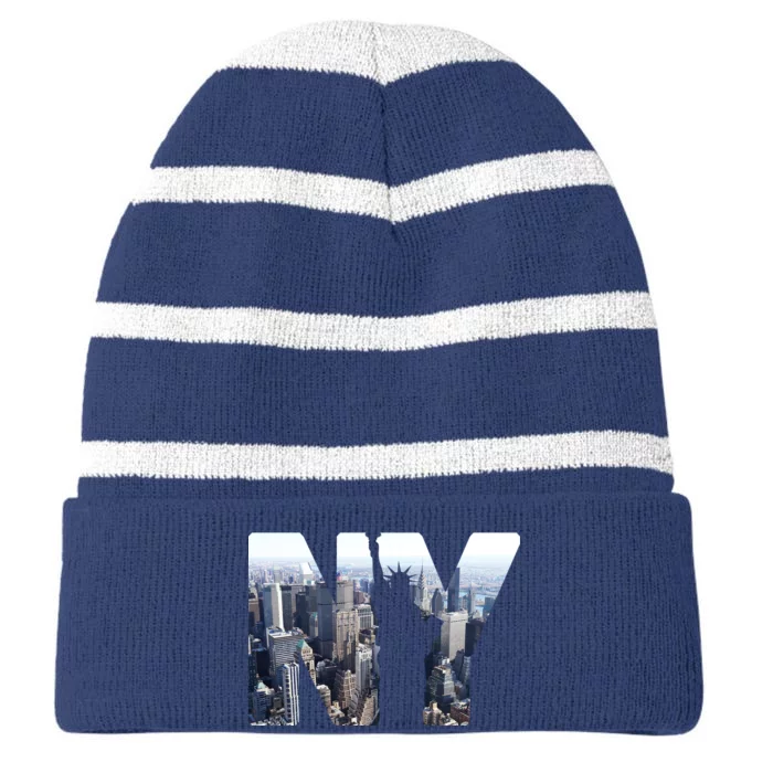 NY Statue Of Liberty Striped Beanie with Solid Band