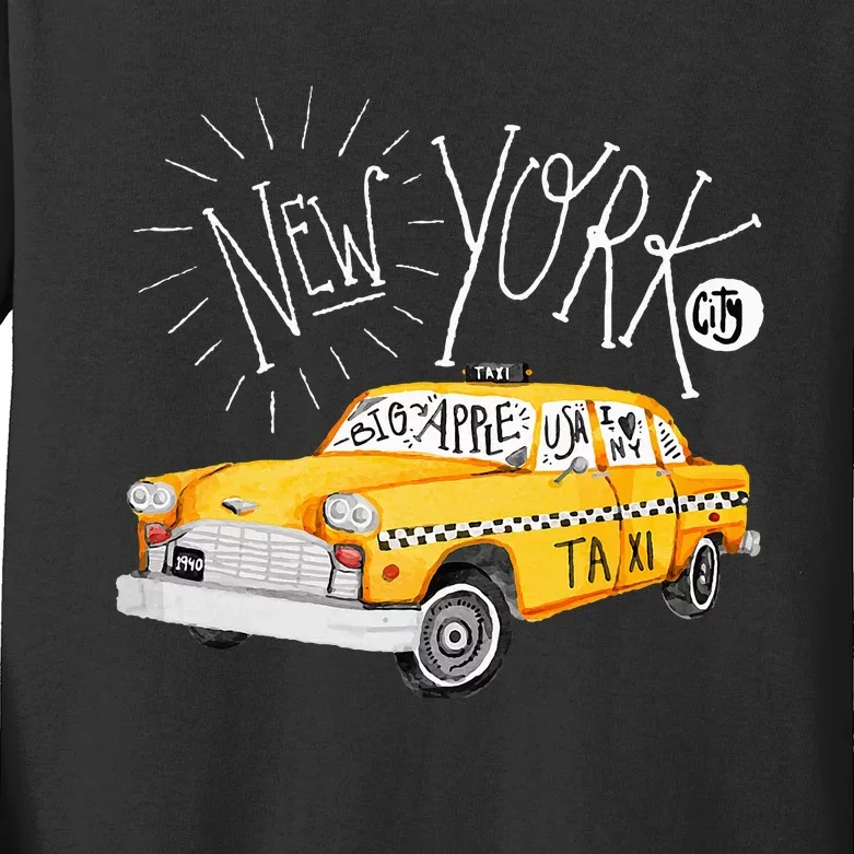 New York Big Apple Yellow Cab Taxi Kids Long Sleeve Shirt