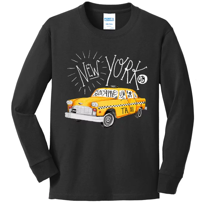 New York Big Apple Yellow Cab Taxi Kids Long Sleeve Shirt