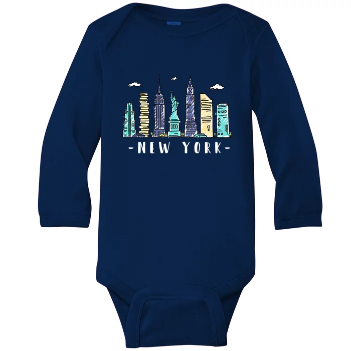 New York City Nyc Skyline Ny Watercolor Souvenir Gift Cool Gift Baby Long Sleeve Bodysuit