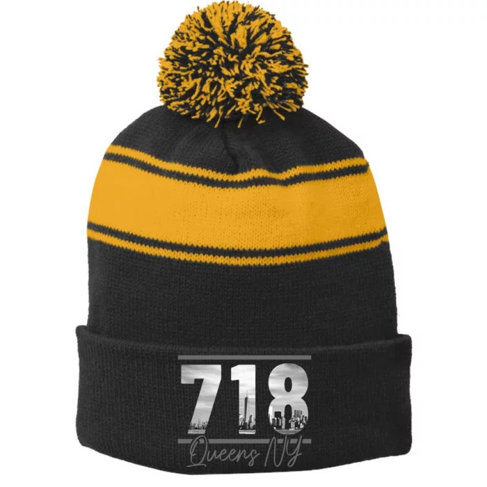 New York City 718 Area Code Skyline Queens Ny Nyc Vintage Stripe Pom Pom Beanie