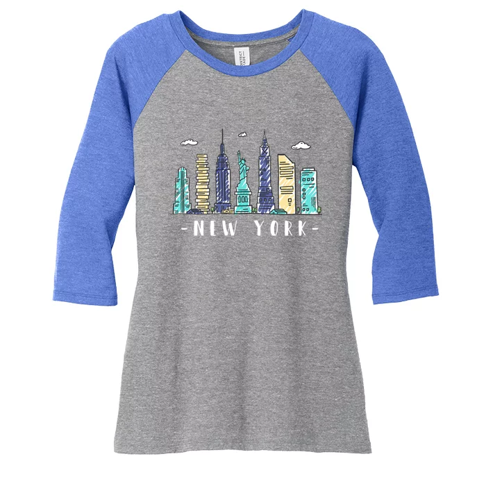 New York City Nyc Skyline Ny Watercolor Souvenir Gift Women's Tri-Blend 3/4-Sleeve Raglan Shirt